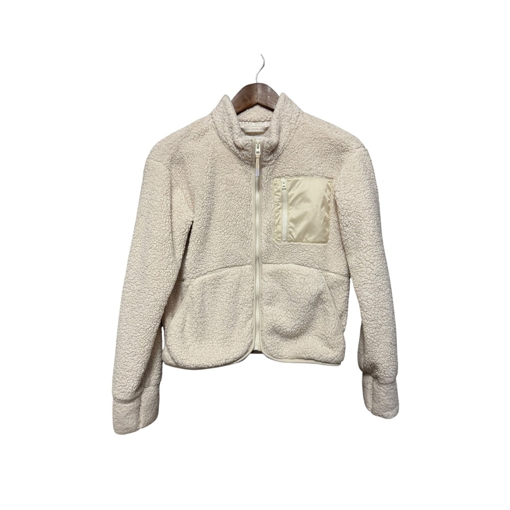 Athleta Girl Sherpa Fleece Jacket Girls XL 14 Cream Full Zip Thumbhole Excellent